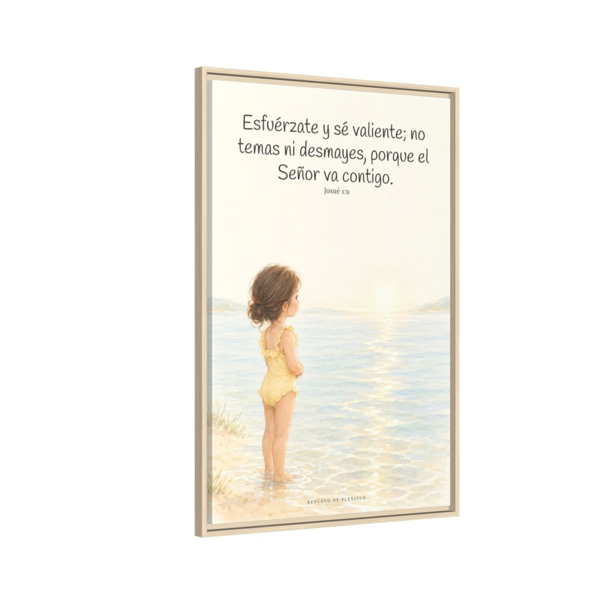 Esfuérzate y sé valiente — Lienzo Cristiano Enmarcado | Josué 1:9 — 24×36 pulgadas, marco natural, vista lateral del marco flotante