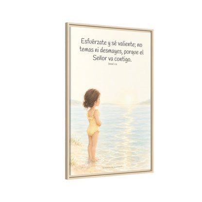 Esfuérzate y sé valiente — Lienzo Cristiano Enmarcado | Josué 1:9 — 24×36 pulgadas, marco natural, vista lateral del marco flotante