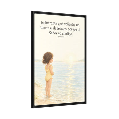 Esfuérzate y sé valiente — Lienzo Cristiano Enmarcado | Josué 1:9 — 24×36 pulgadas, marco negro, vista lateral del marco flotante