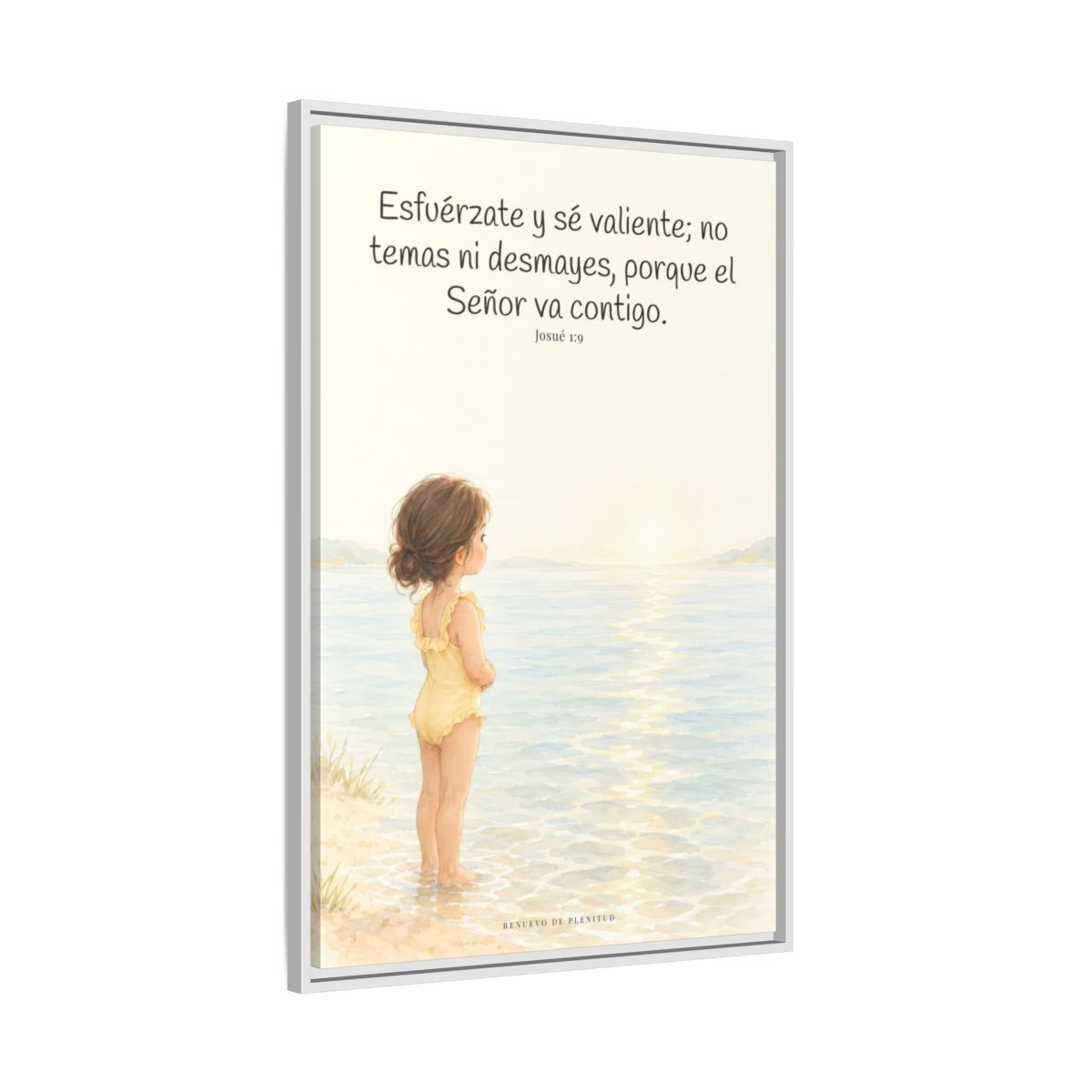 Esfuérzate y sé valiente — Lienzo Cristiano Enmarcado | Josué 1:9 — 24×36 pulgadas, marco blanco, vista lateral del marco flotante