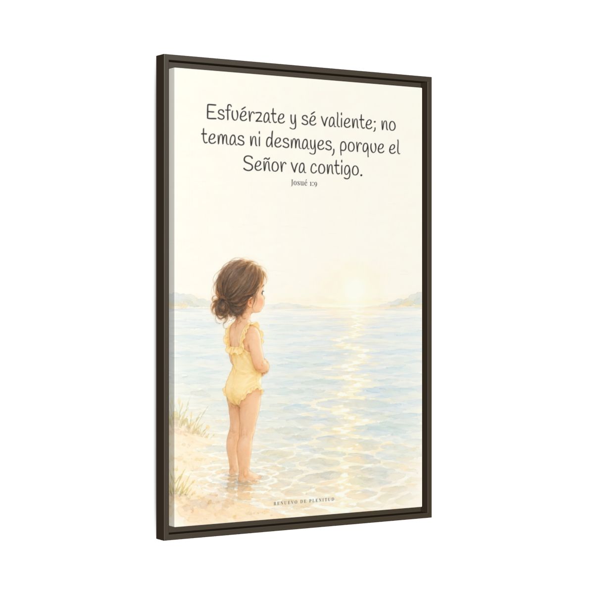 Esfuérzate y sé valiente — Lienzo Cristiano Enmarcado | Josué 1:9 — 24×36 pulgadas, marco espresso, vista lateral del marco flotante