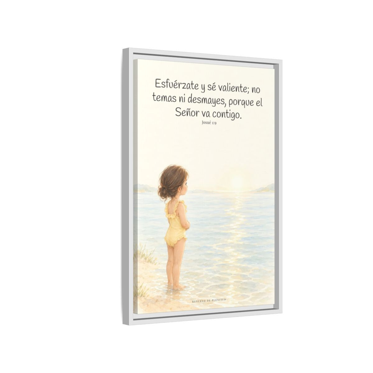 Esfuérzate y sé valiente — Lienzo Cristiano Enmarcado | Josué 1:9 — 16×24 pulgadas, marco blanco, vista lateral del marco flotante