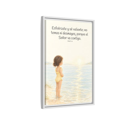 Esfuérzate y sé valiente — Lienzo Cristiano Enmarcado | Josué 1:9 — 16×24 pulgadas, marco blanco, vista lateral del marco flotante