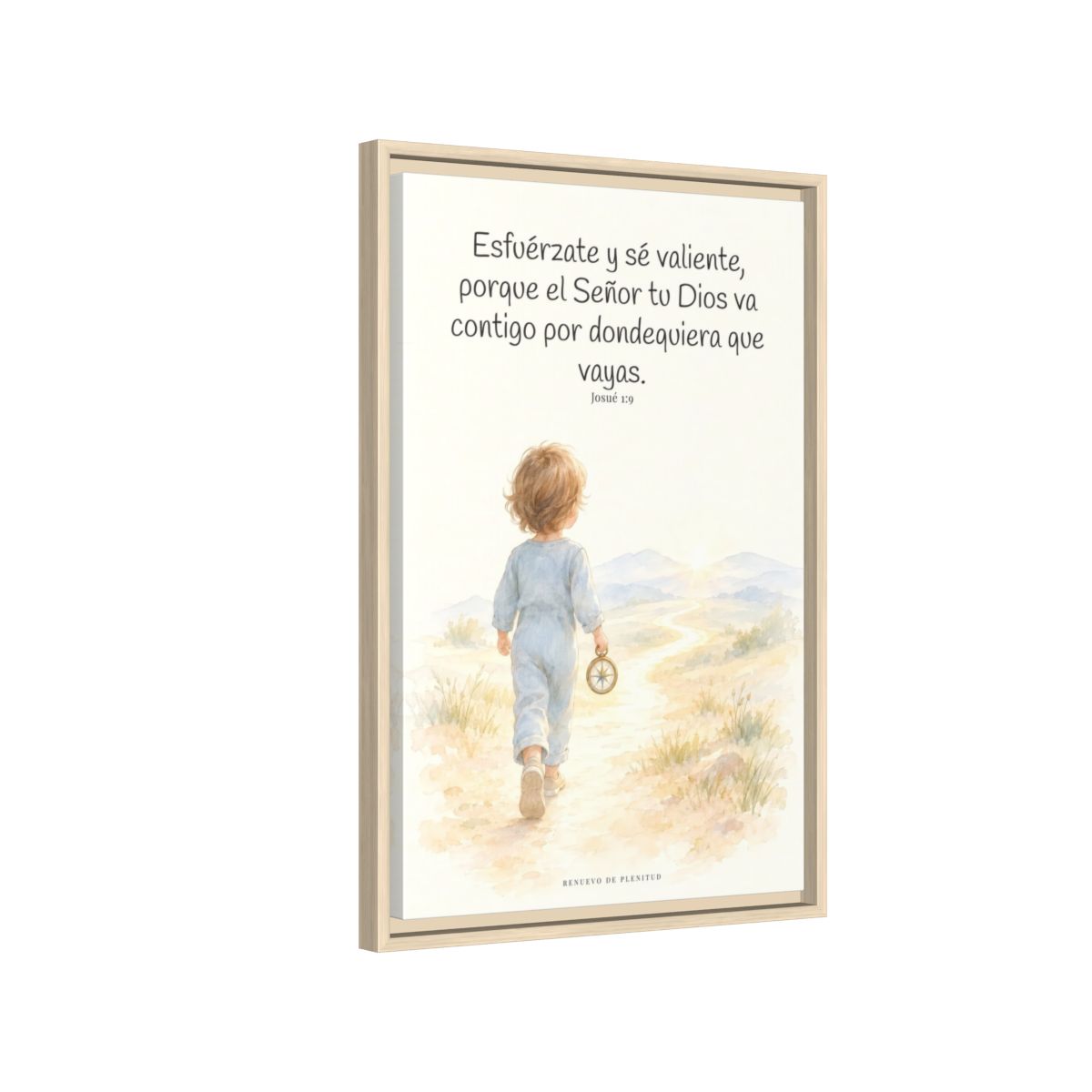 Esfuérzate y sé valiente, porque Jehová va contigo — Lienzo Cristiano Enmarcado | Josué 1:9 — 16×24 pulgadas, marco natural, vista lateral del marco flotante