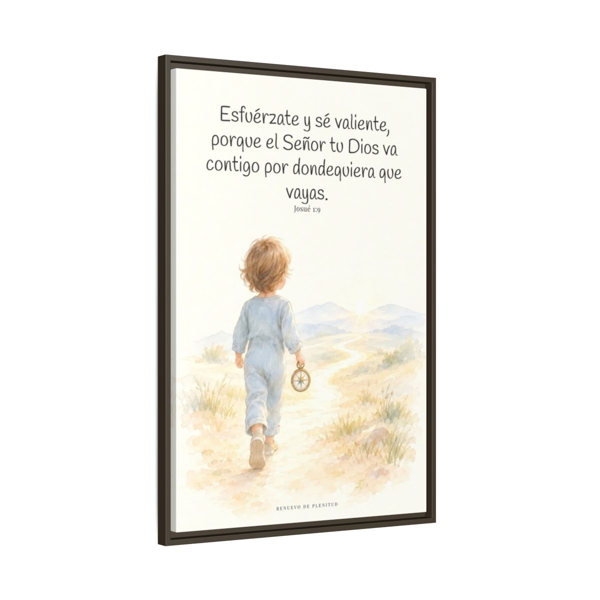 Esfuérzate y sé valiente, porque Jehová va contigo — Lienzo Cristiano Enmarcado | Josué 1:9 — 24×36 pulgadas, marco espresso, vista lateral del marco flotante