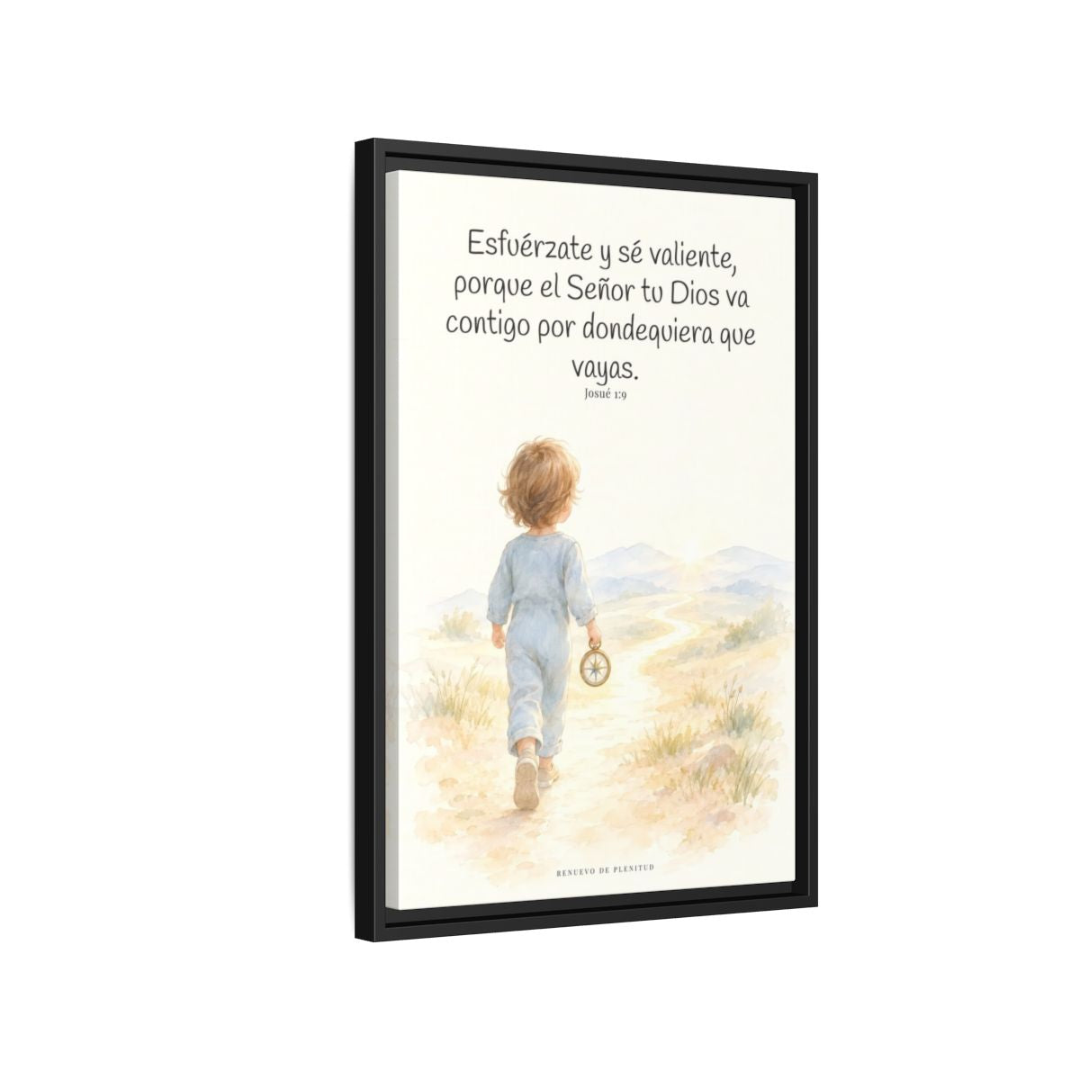 Esfuérzate y sé valiente, porque Jehová va contigo — Lienzo Cristiano Enmarcado | Josué 1:9 — 16×24 pulgadas, marco negro, vista lateral del marco flotante