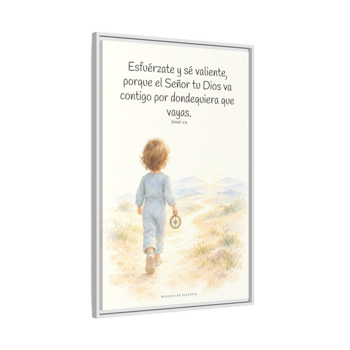 Esfuérzate y sé valiente, porque Jehová va contigo — Lienzo Cristiano Enmarcado | Josué 1:9 — 24×36 pulgadas, marco blanco, vista lateral del marco flotante