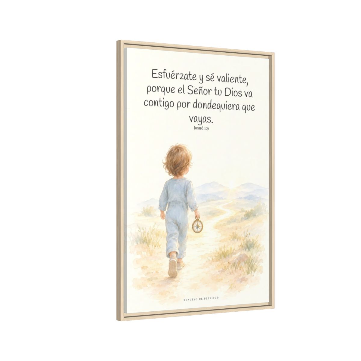 Esfuérzate y sé valiente, porque Jehová va contigo — Lienzo Cristiano Enmarcado | Josué 1:9 — 24×36 pulgadas, marco natural, vista lateral del marco flotante