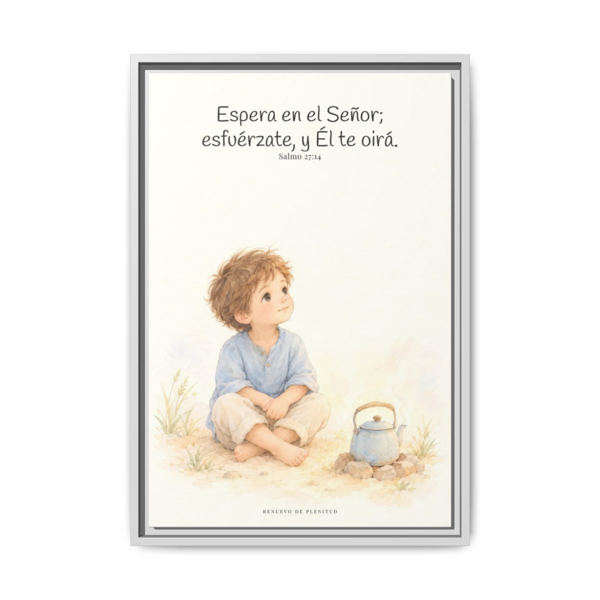 Espera en Jehová, Él te oye — Lienzo Cristiano Enmarcado | Salmo 27:14 — 16×24 pulgadas, marco blanco, vista frontal