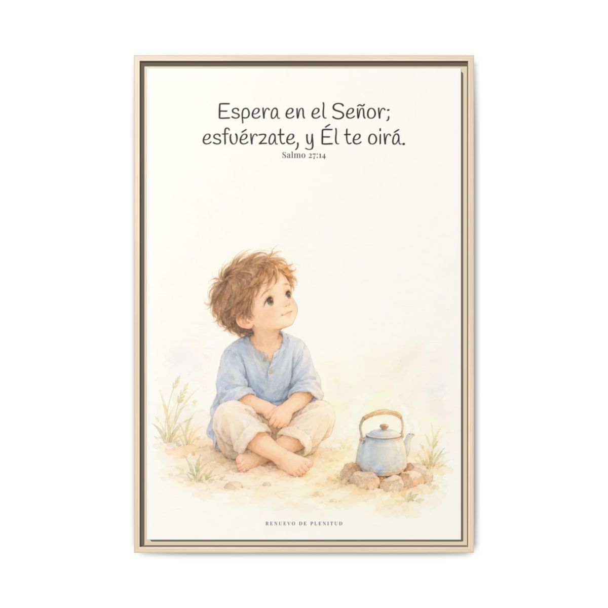 Espera en Jehová, Él te oye — Lienzo Cristiano Enmarcado | Salmo 27:14 — 24×36 pulgadas, marco natural, vista frontal