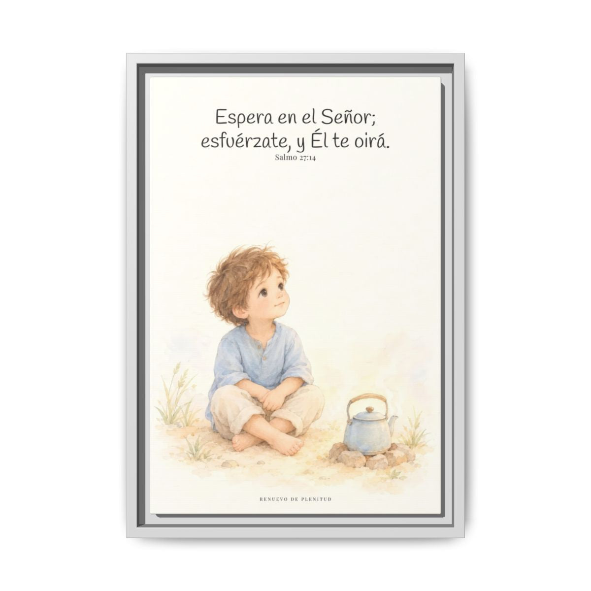 Espera en Jehová, Él te oye — Lienzo Cristiano Enmarcado | Salmo 27:14 — 12×18 pulgadas, marco blanco, vista frontal
