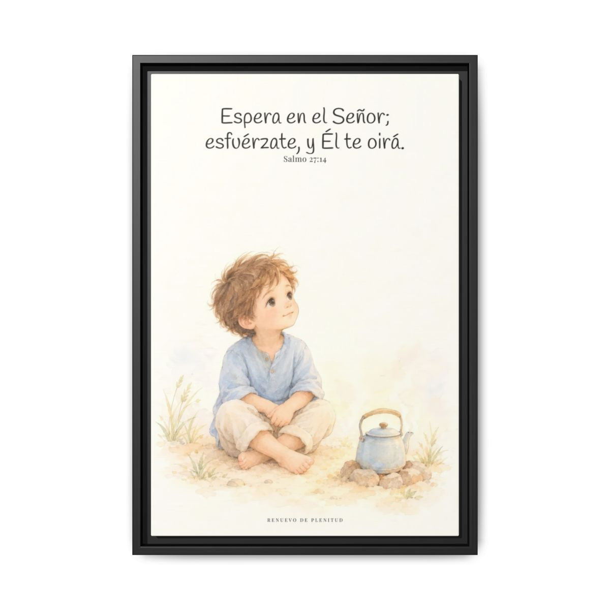 Espera en Jehová, Él te oye — Lienzo Cristiano Enmarcado | Salmo 27:14 — 16×24 pulgadas, marco negro, vista frontal
