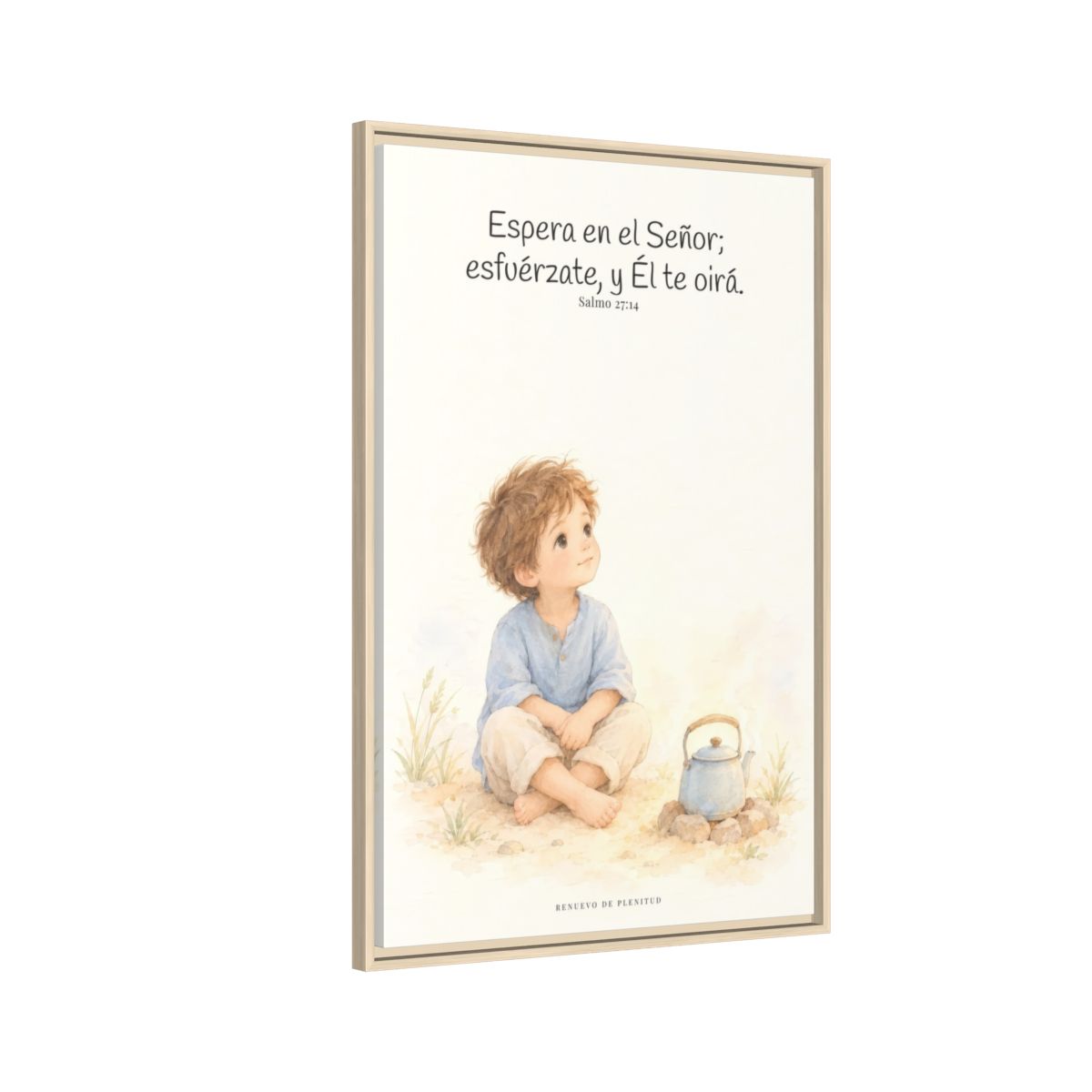 Espera en Jehová, Él te oye — Lienzo Cristiano Enmarcado | Salmo 27:14 — 24×36 pulgadas, marco natural, vista lateral del marco flotante
