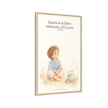 Espera en Jehová, Él te oye — Lienzo Cristiano Enmarcado | Salmo 27:14 — 24×36 pulgadas, marco natural, vista lateral del marco flotante