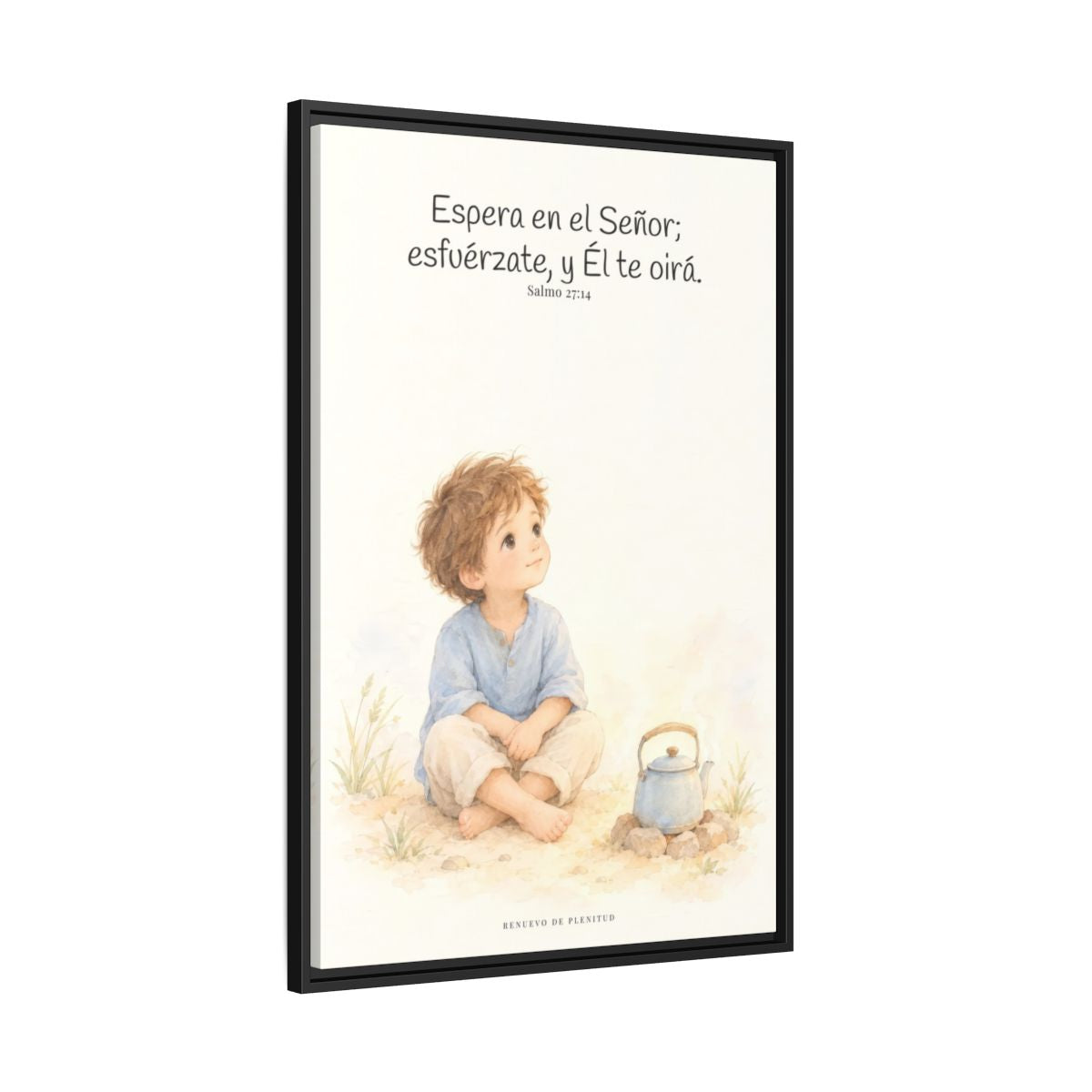 Espera en Jehová, Él te oye — Lienzo Cristiano Enmarcado | Salmo 27:14 — 24×36 pulgadas, marco negro, vista lateral del marco flotante