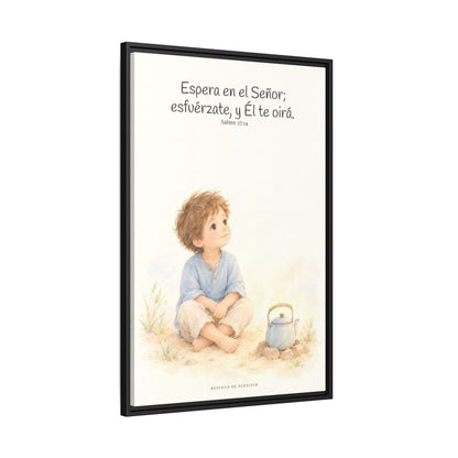 Espera en Jehová, Él te oye — Lienzo Cristiano Enmarcado | Salmo 27:14 — 24×36 pulgadas, marco negro, vista lateral del marco flotante