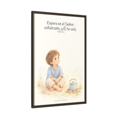 Espera en Jehová, Él te oye — Lienzo Cristiano Enmarcado | Salmo 27:14 — 24×36 pulgadas, marco espresso, vista lateral del marco flotante