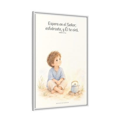 Espera en Jehová, Él te oye — Lienzo Cristiano Enmarcado | Salmo 27:14 — 24×36 pulgadas, marco blanco, vista lateral del marco flotante