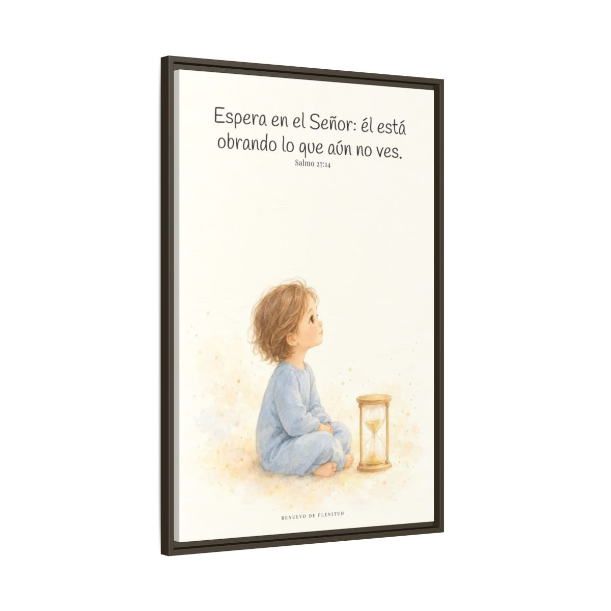 Espera en Jehová, y él te sostendrá — Lienzo Cristiano Enmarcado | Salmo 27:14 — 24×36 pulgadas, marco espresso, vista lateral del marco flotante