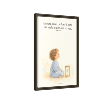 Espera en Jehová, y él te sostendrá — Lienzo Cristiano Enmarcado | Salmo 27:14 — 16×24 pulgadas, marco espresso, vista lateral del marco flotante