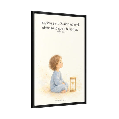 Espera en Jehová, y él te sostendrá — Lienzo Cristiano Enmarcado | Salmo 27:14 — 24×36 pulgadas, marco negro, vista lateral del marco flotante