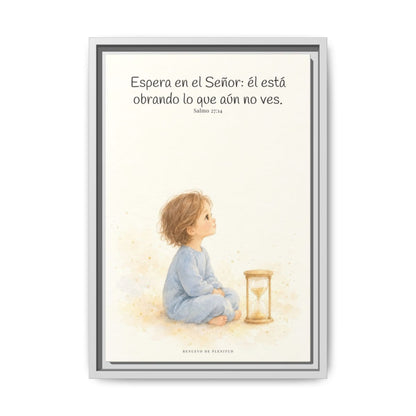 Espera en Jehová, y él te sostendrá — Lienzo Cristiano Enmarcado | Salmo 27:14 — 12×18 pulgadas, marco blanco, vista frontal