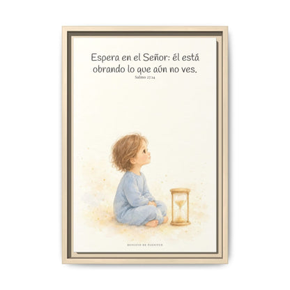 Espera en Jehová, y él te sostendrá — Lienzo Cristiano Enmarcado | Salmo 27:14 — 12×18 pulgadas, marco natural, vista frontal