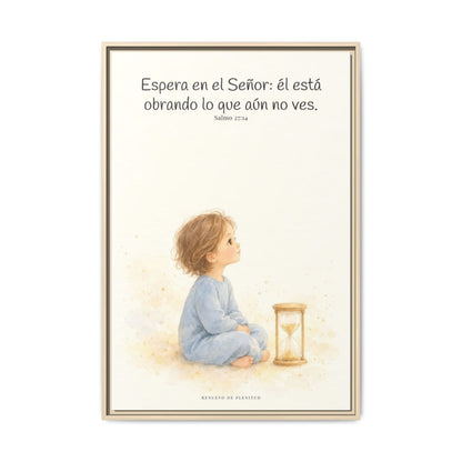 Espera en Jehová, y él te sostendrá — Lienzo Cristiano Enmarcado | Salmo 27:14 — 24×36 pulgadas, marco natural, vista frontal