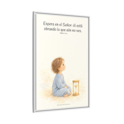 Espera en Jehová, y él te sostendrá — Lienzo Cristiano Enmarcado | Salmo 27:14 — 24×36 pulgadas, marco blanco, vista lateral del marco flotante