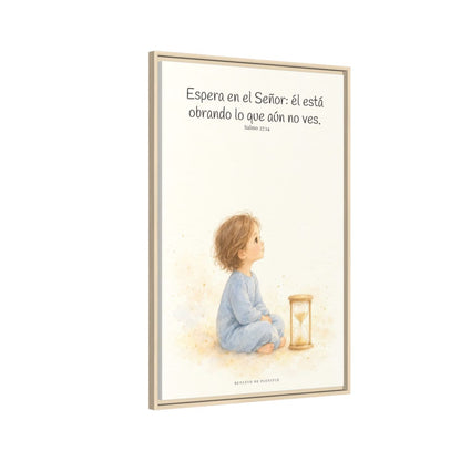 Espera en Jehová, y él te sostendrá — Lienzo Cristiano Enmarcado | Salmo 27:14 — 24×36 pulgadas, marco natural, vista lateral del marco flotante