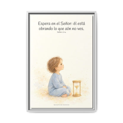 Espera en Jehová, y él te sostendrá — Lienzo Cristiano Enmarcado | Salmo 27:14 — 16×24 pulgadas, marco blanco, vista frontal