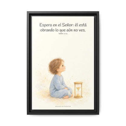 Espera en Jehová, y él te sostendrá — Lienzo Cristiano Enmarcado | Salmo 27:14 — 12×18 pulgadas, marco negro, vista frontal