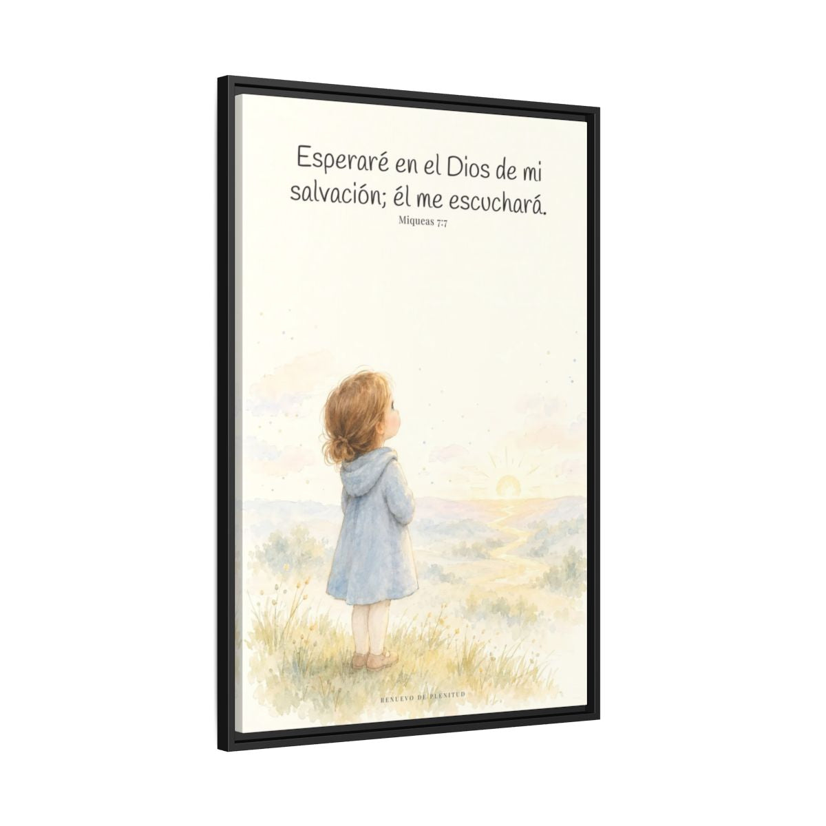 Esperaré en el Dios de mi salvación — Lienzo Cristiano Enmarcado | Miqueas 7:7 — 24×36 pulgadas, marco negro, vista lateral del marco flotante