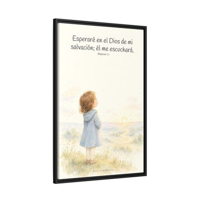 Esperaré en el Dios de mi salvación — Lienzo Cristiano Enmarcado | Miqueas 7:7 — 24×36 pulgadas, marco negro, vista lateral del marco flotante