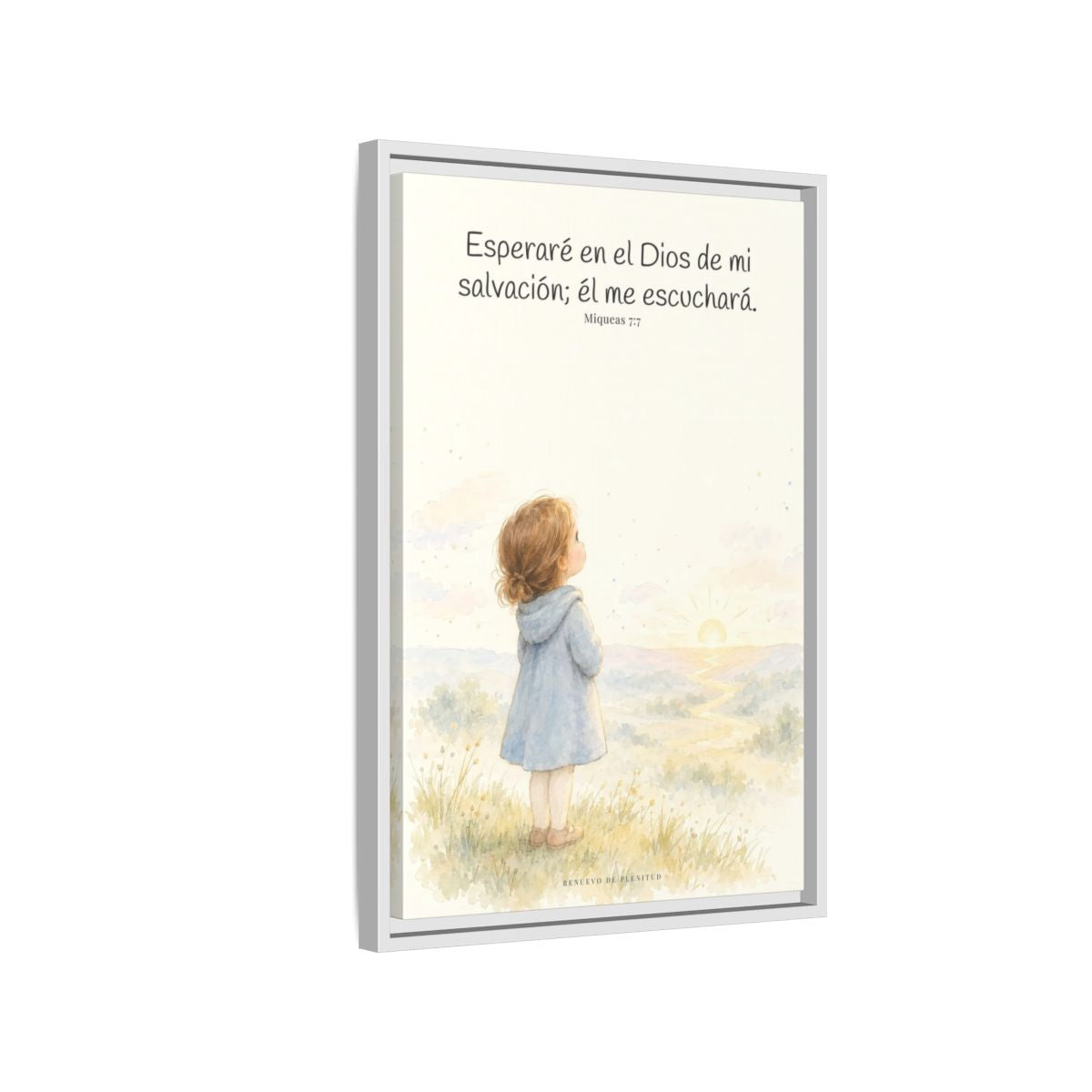 Esperaré en el Dios de mi salvación — Lienzo Cristiano Enmarcado | Miqueas 7:7 — 16×24 pulgadas, marco blanco, vista lateral del marco flotante