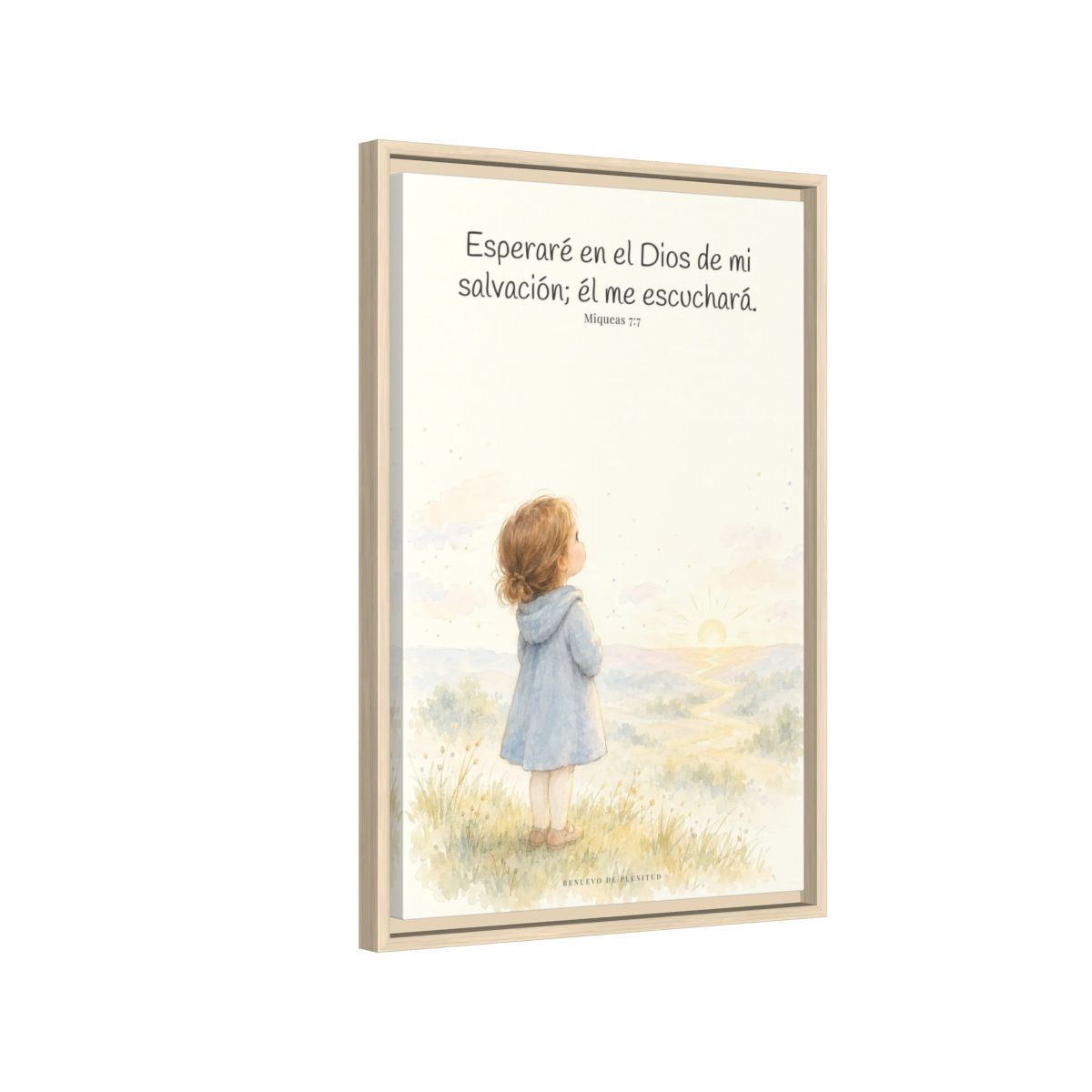 Esperaré en el Dios de mi salvación — Lienzo Cristiano Enmarcado | Miqueas 7:7 — 16×24 pulgadas, marco natural, vista lateral del marco flotante