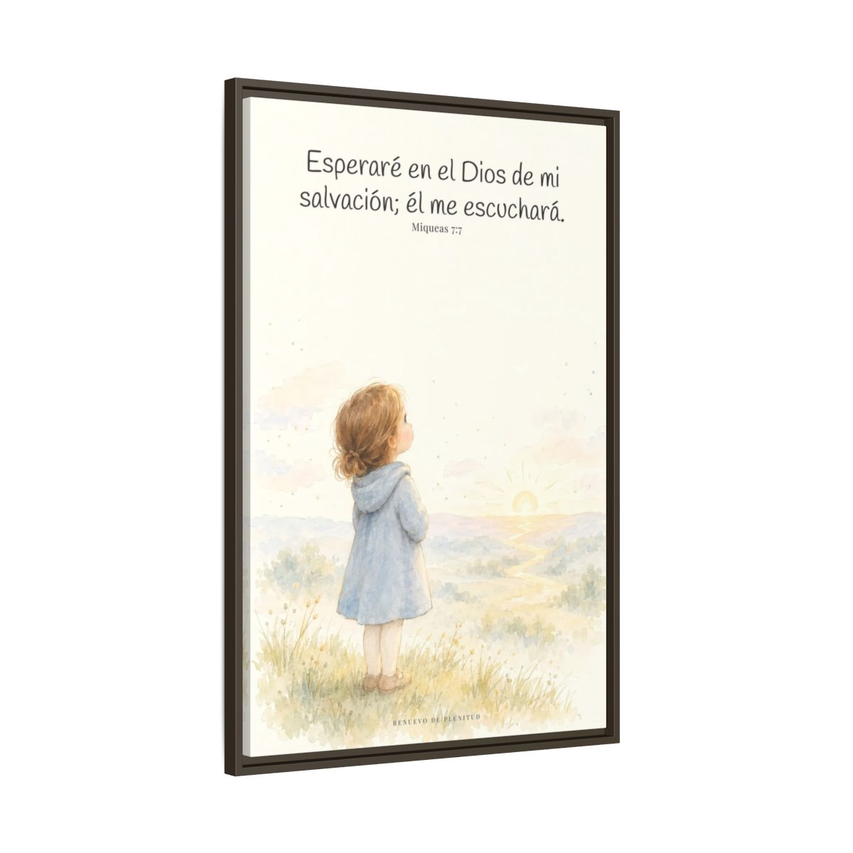 Esperaré en el Dios de mi salvación — Lienzo Cristiano Enmarcado | Miqueas 7:7 — 24×36 pulgadas, marco espresso, vista lateral del marco flotante