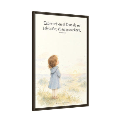 Esperaré en el Dios de mi salvación — Lienzo Cristiano Enmarcado | Miqueas 7:7 — 24×36 pulgadas, marco espresso, vista lateral del marco flotante