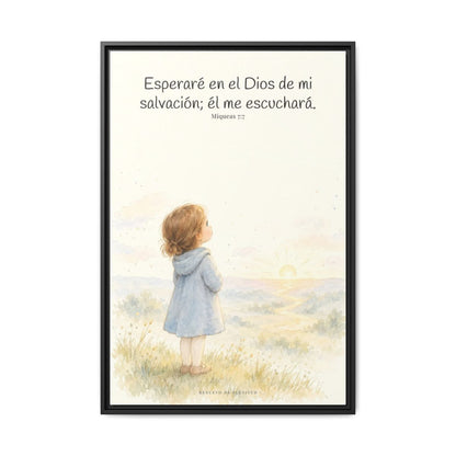 Esperaré en el Dios de mi salvación — Lienzo Cristiano Enmarcado | Miqueas 7:7 — 24×36 pulgadas, marco negro, vista frontal