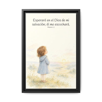 Esperaré en el Dios de mi salvación — Lienzo Cristiano Enmarcado | Miqueas 7:7 — 12×18 pulgadas, marco negro, vista frontal