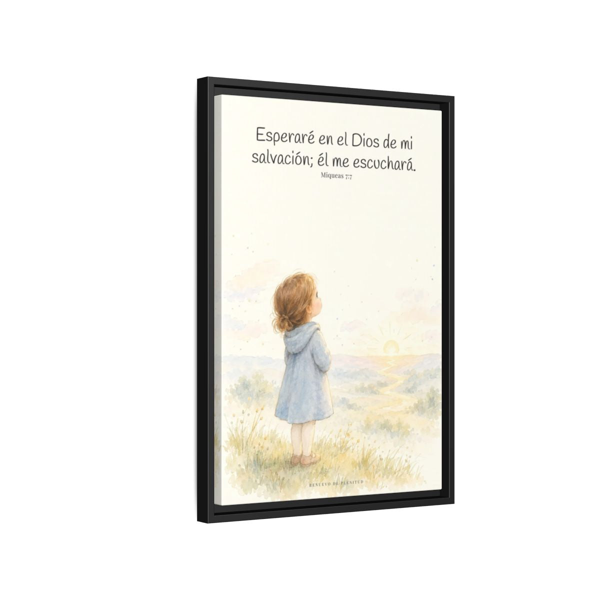 Esperaré en el Dios de mi salvación — Lienzo Cristiano Enmarcado | Miqueas 7:7 — 16×24 pulgadas, marco negro, vista lateral del marco flotante