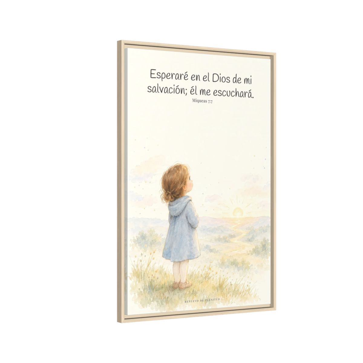 Esperaré en el Dios de mi salvación — Lienzo Cristiano Enmarcado | Miqueas 7:7 — 24×36 pulgadas, marco natural, vista lateral del marco flotante