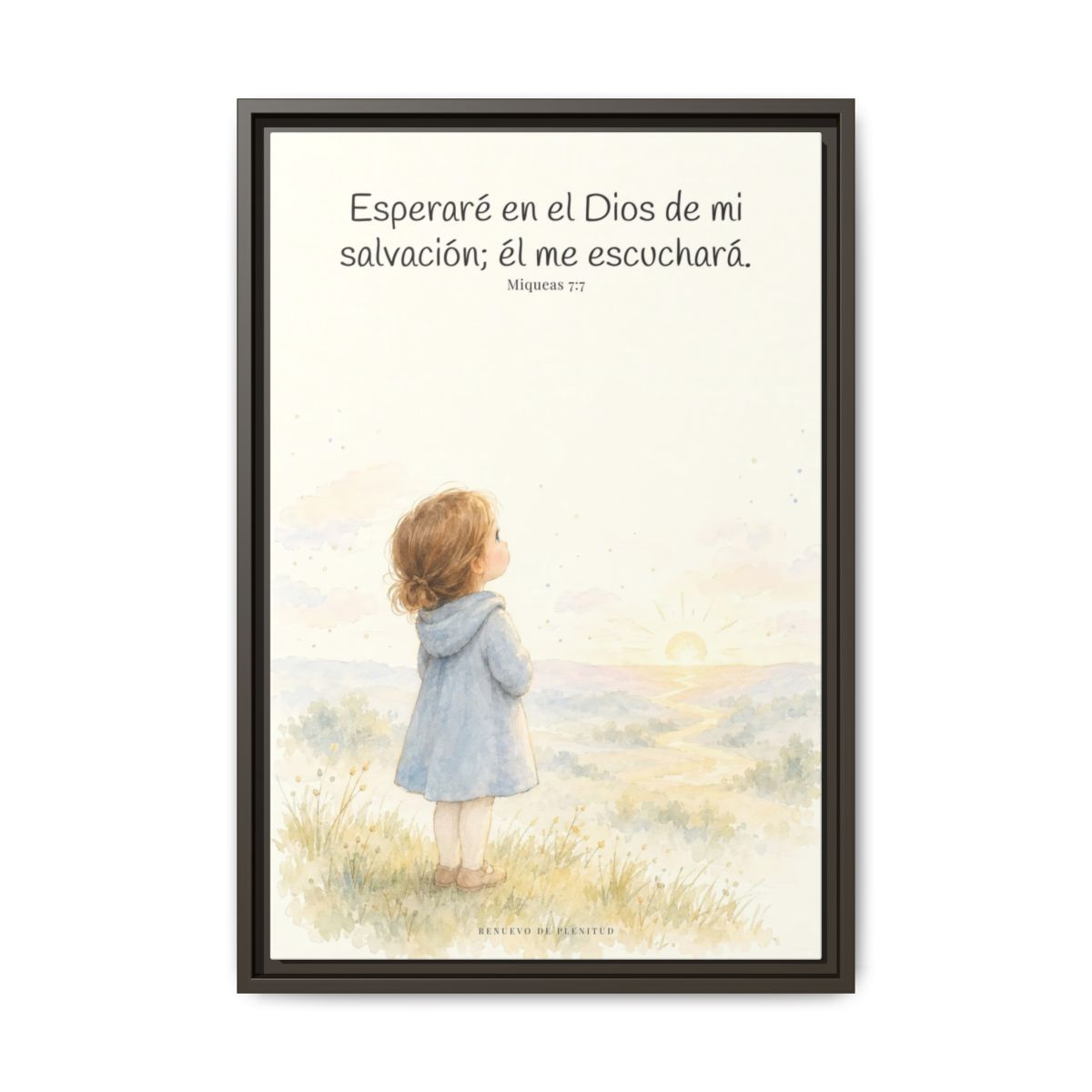 Esperaré en el Dios de mi salvación — Lienzo Cristiano Enmarcado | Miqueas 7:7 — 16×24 pulgadas, marco espresso, vista frontal