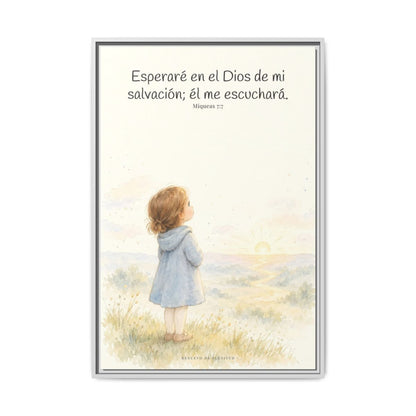 Esperaré en el Dios de mi salvación — Lienzo Cristiano Enmarcado | Miqueas 7:7 — 24×36 pulgadas, marco blanco, vista frontal