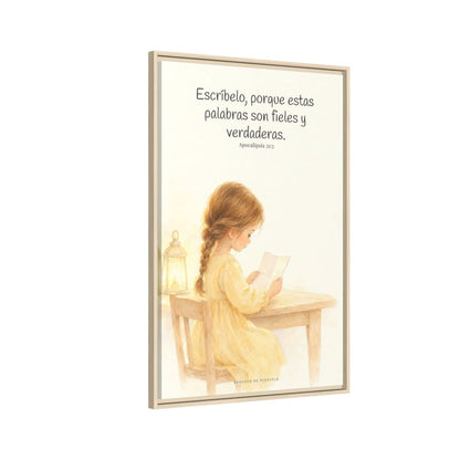 Estas palabras son fieles y verdaderas — Lienzo Cristiano Enmarcado | Apocalipsis 21:5 — 24×36 pulgadas, marco natural, vista lateral del marco flotante