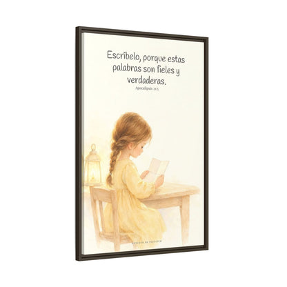 Estas palabras son fieles y verdaderas — Lienzo Cristiano Enmarcado | Apocalipsis 21:5 — 24×36 pulgadas, marco espresso, vista lateral del marco flotante