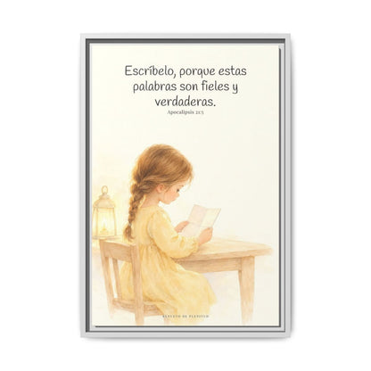 Estas palabras son fieles y verdaderas — Lienzo Cristiano Enmarcado | Apocalipsis 21:5 — 16×24 pulgadas, marco blanco, vista frontal