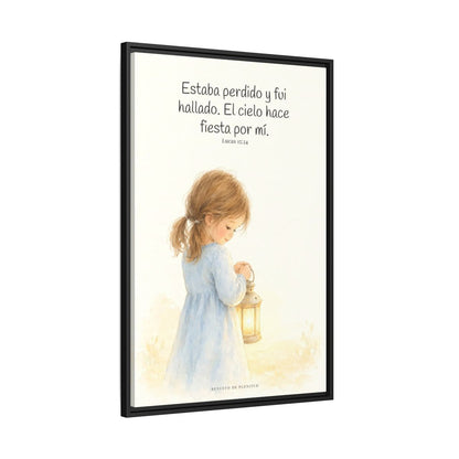 Este mi hijo perdido ha sido hallado — Lienzo Cristiano Enmarcado | Lucas 15:24 — 24×36 pulgadas, marco negro, vista lateral del marco flotante
