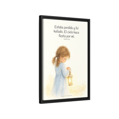 Este mi hijo perdido ha sido hallado — Lienzo Cristiano Enmarcado | Lucas 15:24 — 16×24 pulgadas, marco negro, vista lateral del marco flotante