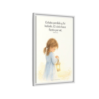 Este mi hijo perdido ha sido hallado — Lienzo Cristiano Enmarcado | Lucas 15:24 — 16×24 pulgadas, marco blanco, vista lateral del marco flotante